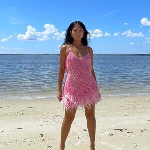 NADINE MERABI Pink Feathered Mini Dress